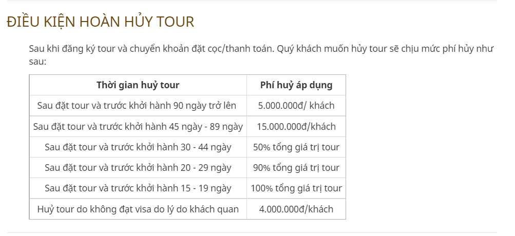 điều kiện hoàn hủy tour