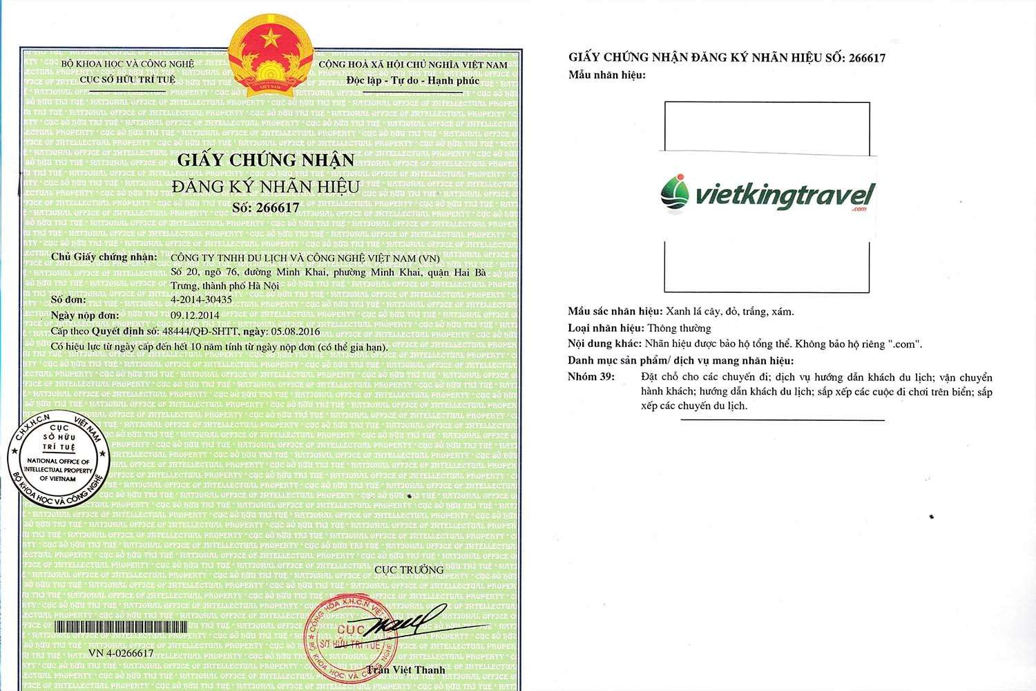 giấy chứng nhận thương hiệu vietkingtravel